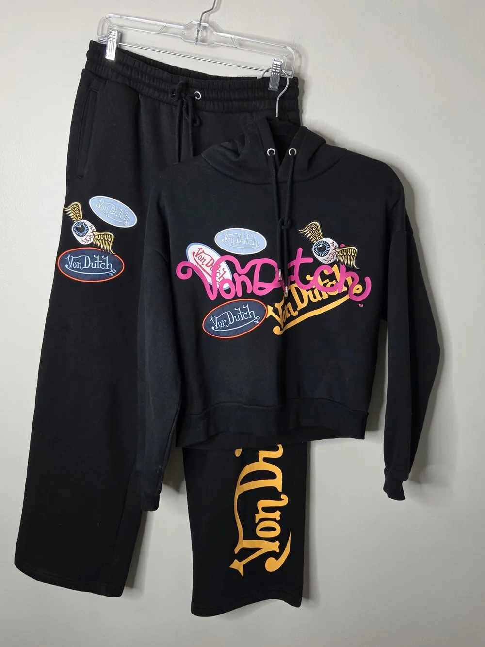 Von Dutch Teen Girls Black Patch Two-Piece Hoody & Wide Leg Sweatpants